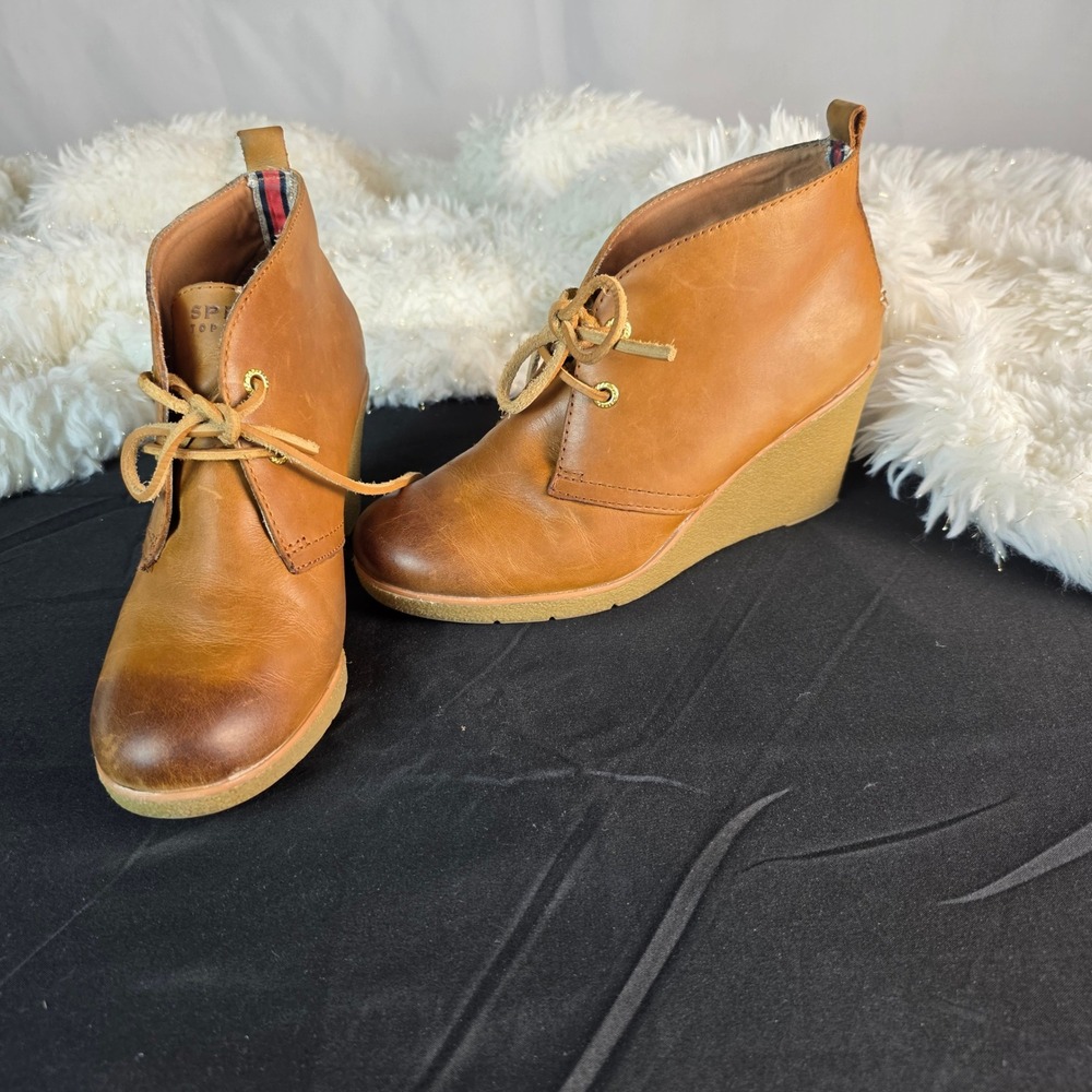 Sperry Top-Sider Womens Tan Leather Wedge Ankle Boots Chukka Booties STS91185